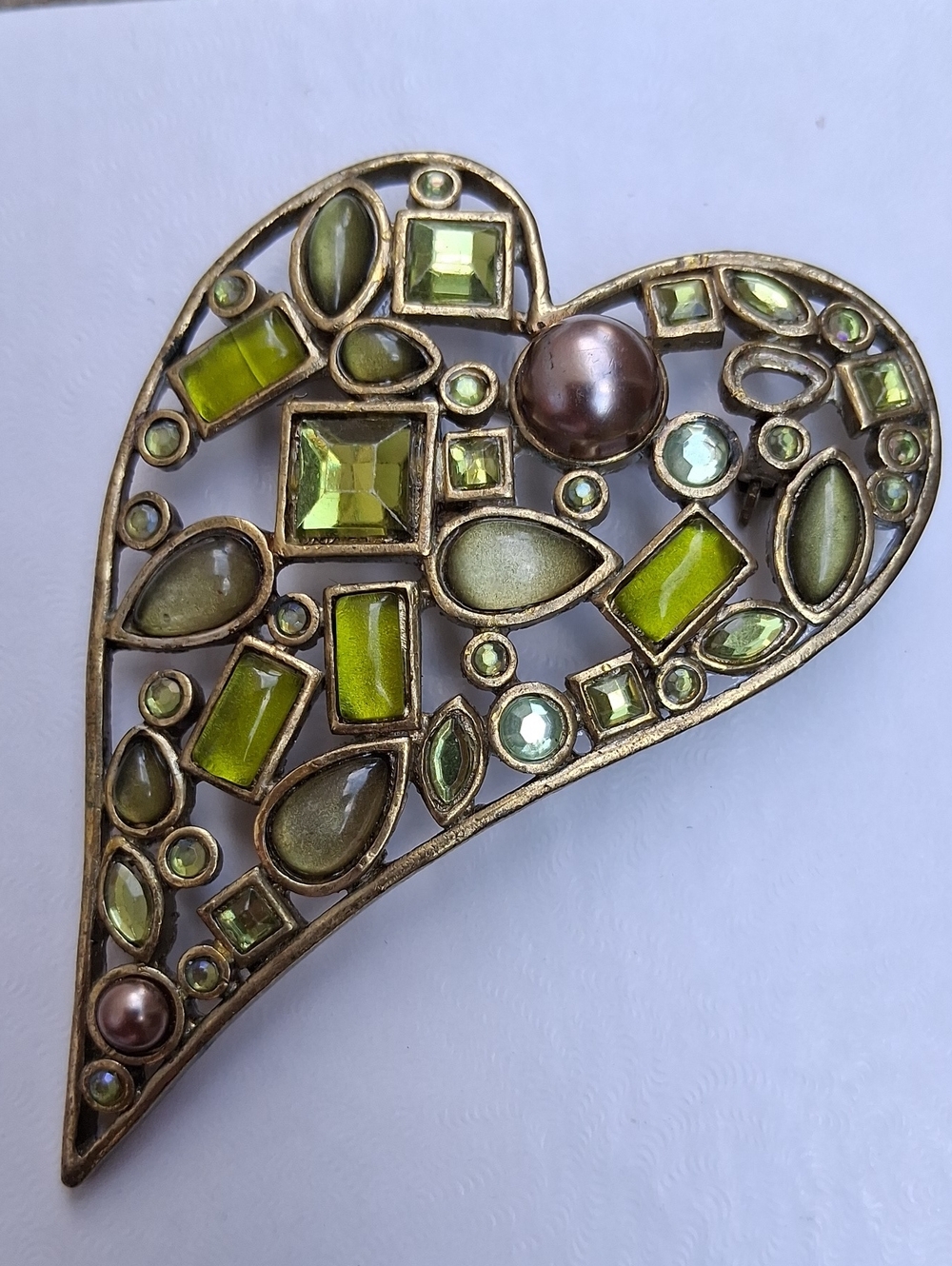 Heart-Shaped Green Gemstone Brooch